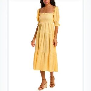 opt Women Yellow Frankie Gingham Print Square Neck Puff Sleeve Midi Dress Size S